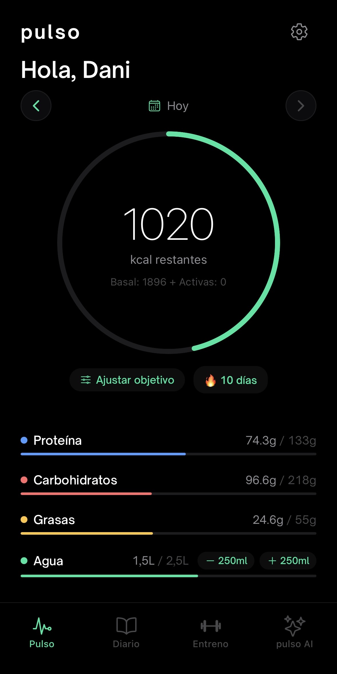 Pantalla principal de Bivel: anillo de calorías y macros del día